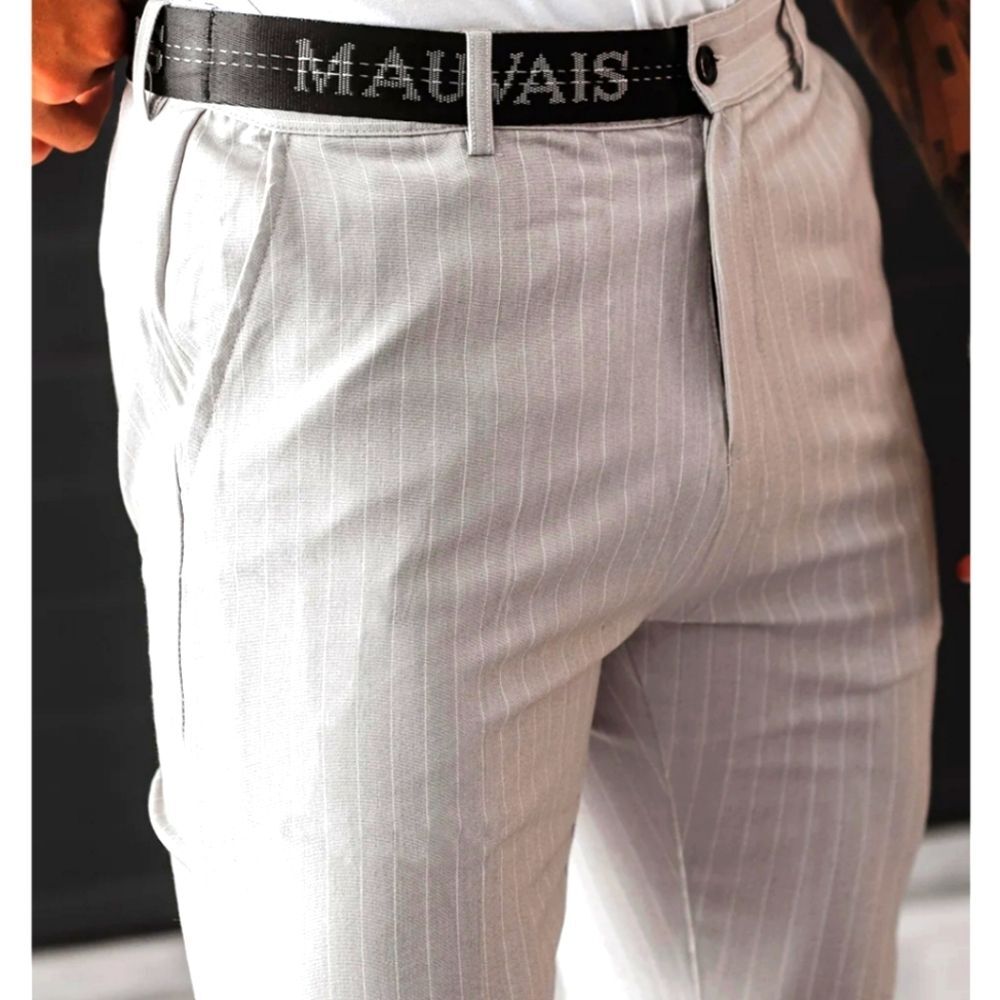 Mauvais‎ Pinstripe Half Logo Belt Tapered Trouser Pants Sz 42 Nwt